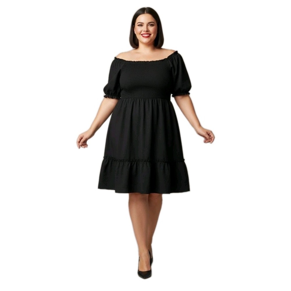 New Black Tiered Ruffles Dress Plus 1XL Ruched Short Puff Sleeve On/Off Shoulder